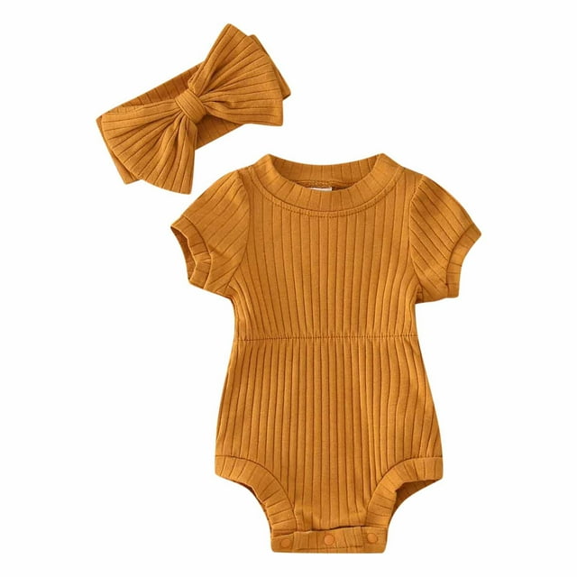 Gibobby Mameluco niña de manga corta para niños y niñas, mono acanalado de Color sólido para recién nacidos con diademas para niños, ropa(Marrón, 0-3 Meses)