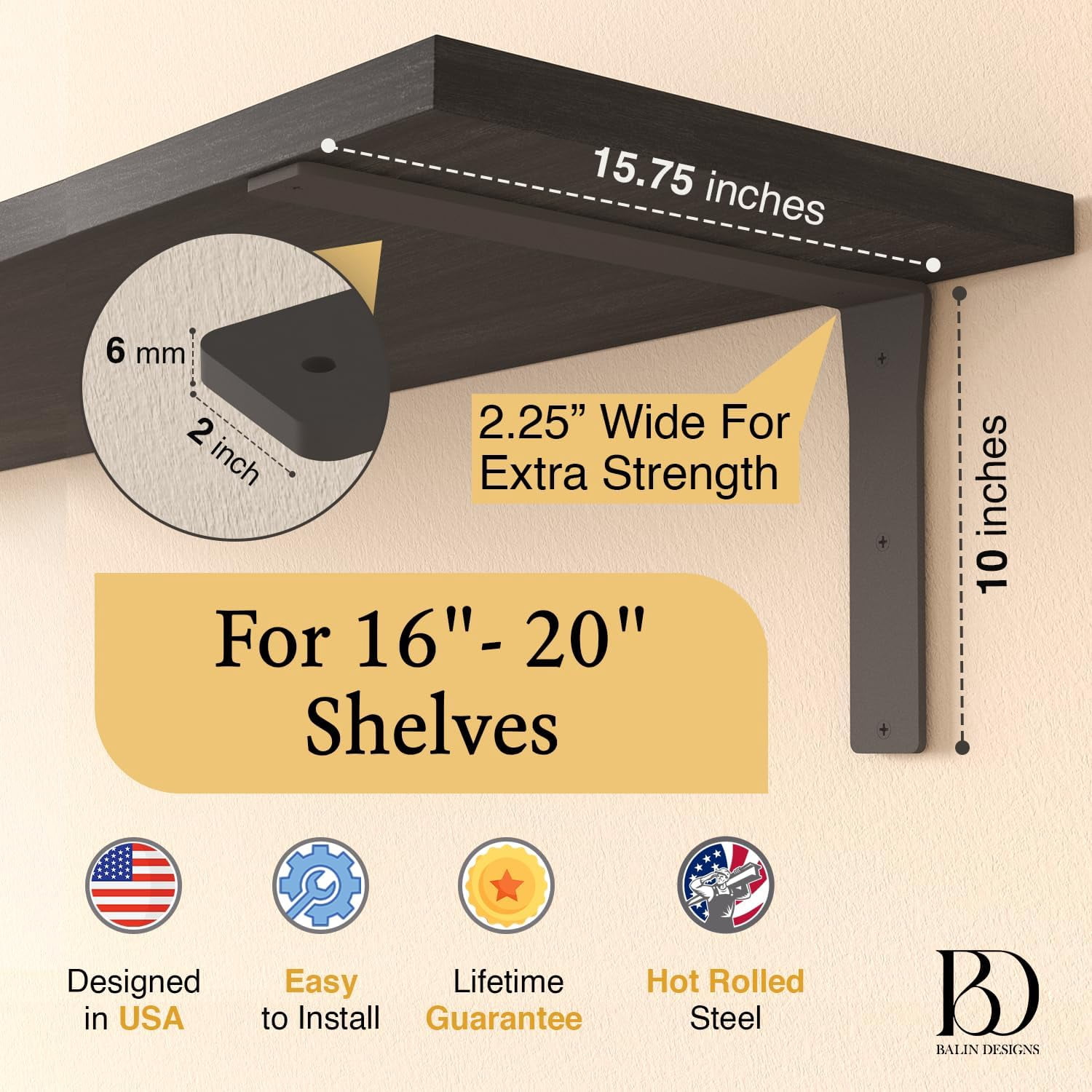 Heavy-Duty Viva L Mantel Shelf Brackets by Balin Designs (Black) DIY Brackets with Mounting Hardware for 16", 18" and 20" Shelves, Ideal for Fireplace, Granite Countertops, Bookshelves (Set of 4)