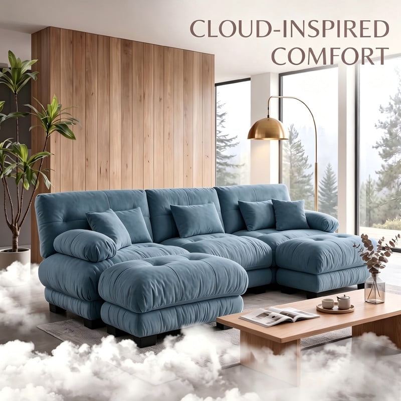 ANPPORT Cloud Couch Sleeper Sofa, Chenille Blue 3-Seater Modular Sofa with 2 Ottomans, 3 Lumbar pillows, 2 Pillows, Comfy Deep Seat Cloud Sofa, Convertible L-Shaped Floor Couch for Living Room