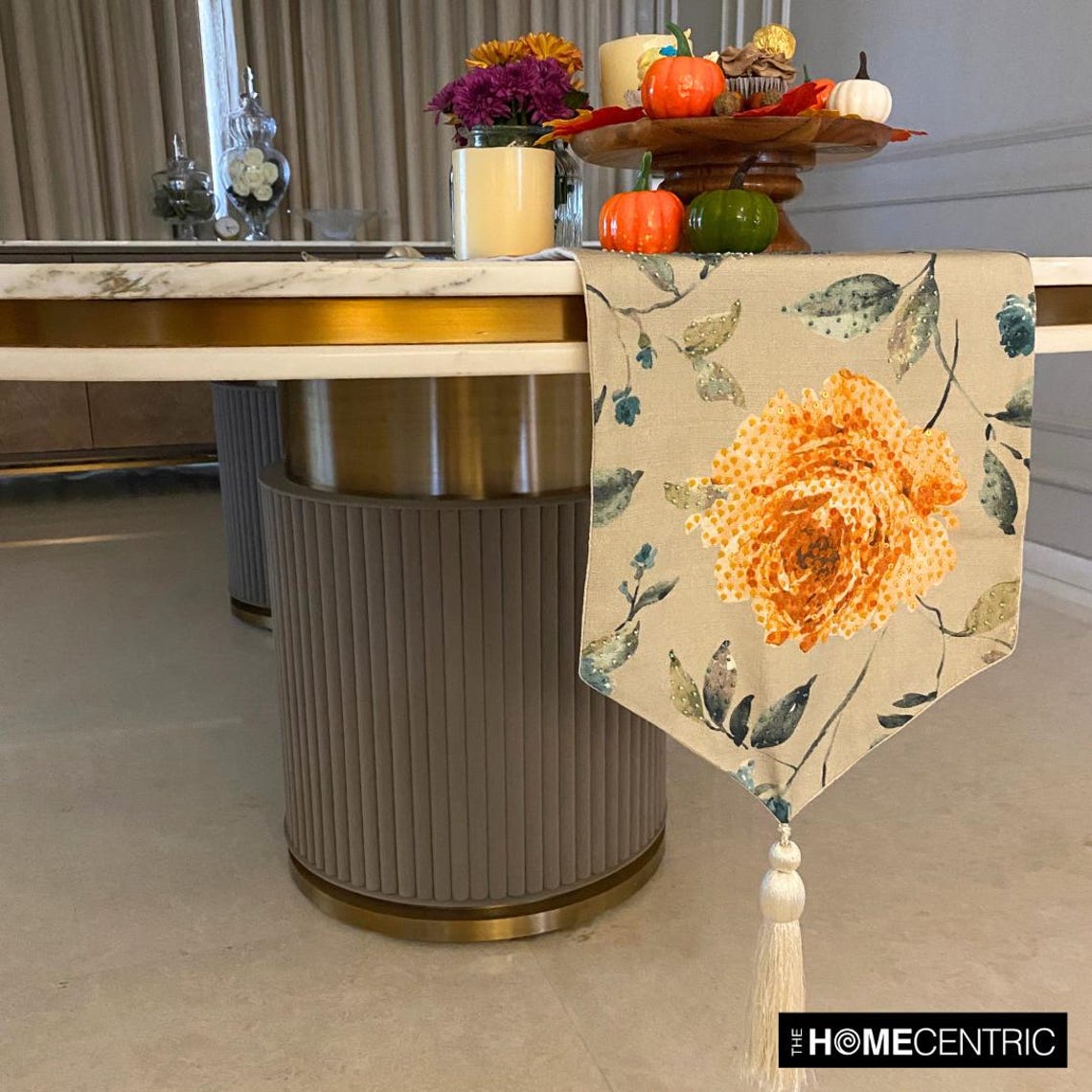 Decorative Orange & Green Table Runner 4 - 6 Seater Table Runner (14 x 64 inch), Sequins, Roses Tassels Table Runner, Cotton fabric Table Linen, Floral Contemporary - Orange Rosiness