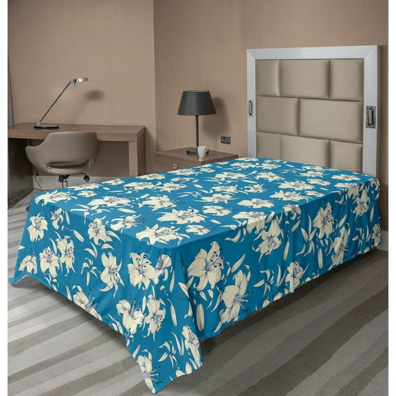Ambesonne Floral Flat Sheet, Blooming Lily Flowers Art, Twin Size, Sea Blue Eggshell
