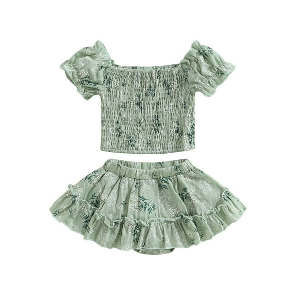 Bagilaanoe 2Pcs Toddler Baby Girls Skirt Set Floral Print Short Sleeve Ruched Tops   Lined Shorts Skirts 9M 12M 18M 24M 3T 4T Kids Summer Casual Outfits