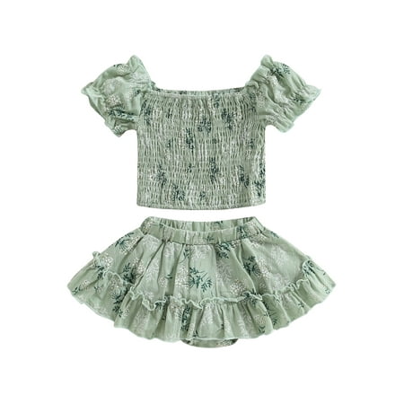 

Toddler Baby Girls Summer Clothes Outfits Floral Print Off Shoulder Short Sleeve Ruched T-shirts+Ruffles Shorts Skirts 2Pcs Suit