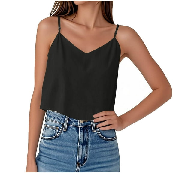 ZQGJB Linen Camisole Tops for Women Summer Casual Sleeveless V Neck Tank Top Loose Fit Adjustable Spaghetti Strap Cami Shirts Black M