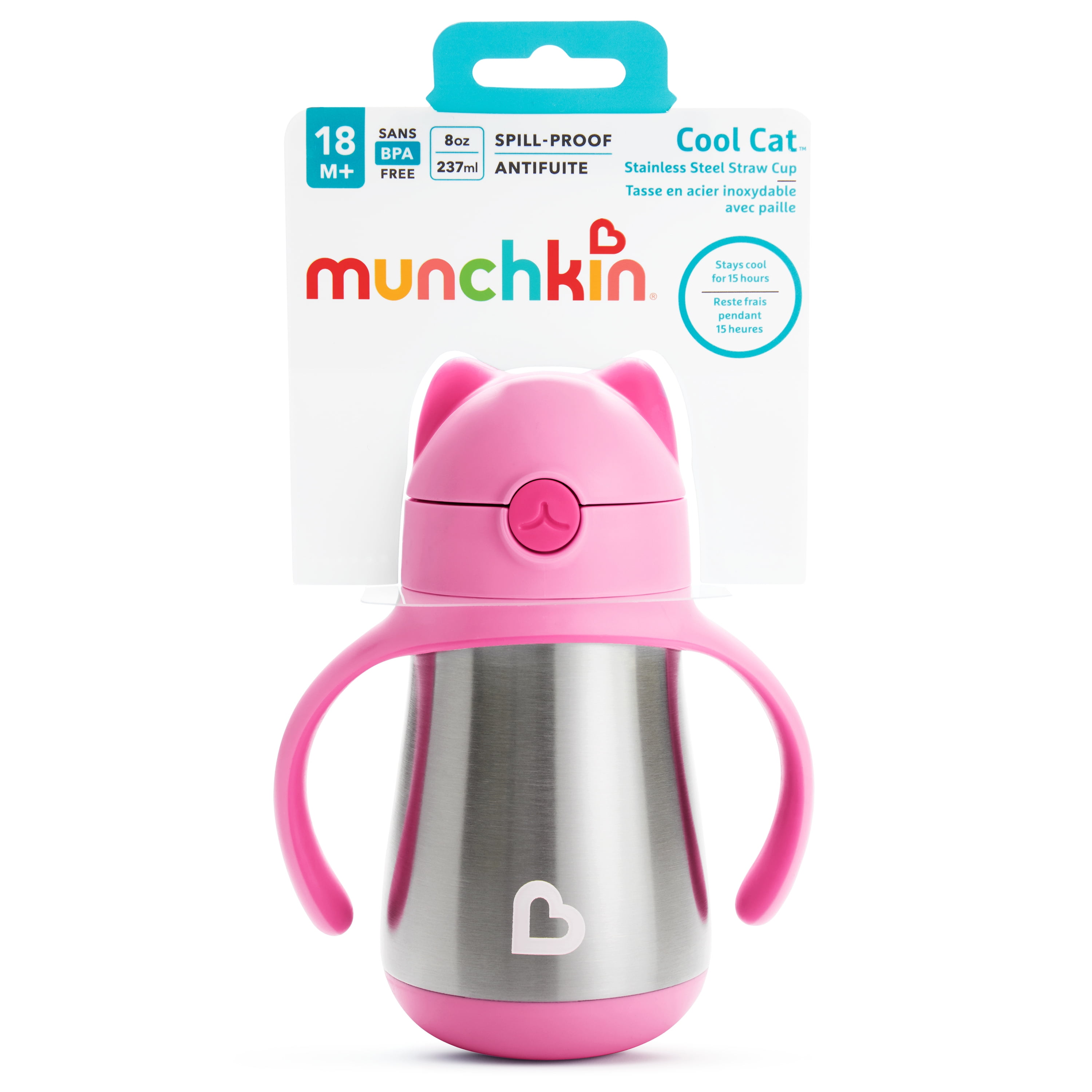 Munchkin® Cool Cat™ Stainless Steel Toddler Straw Sippy Cup, 8 oz, Pink, Unisex