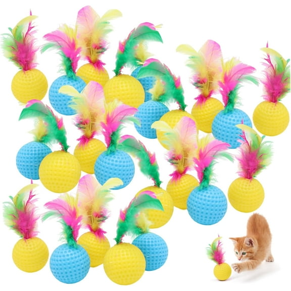 CHIKANSTORE 25PCS Cat Ball Toy, 1.5" Colorful Cat Toys with Feathers Interactive Cat Balls Cat Golf Toy Sports Ball for Indoor Cats