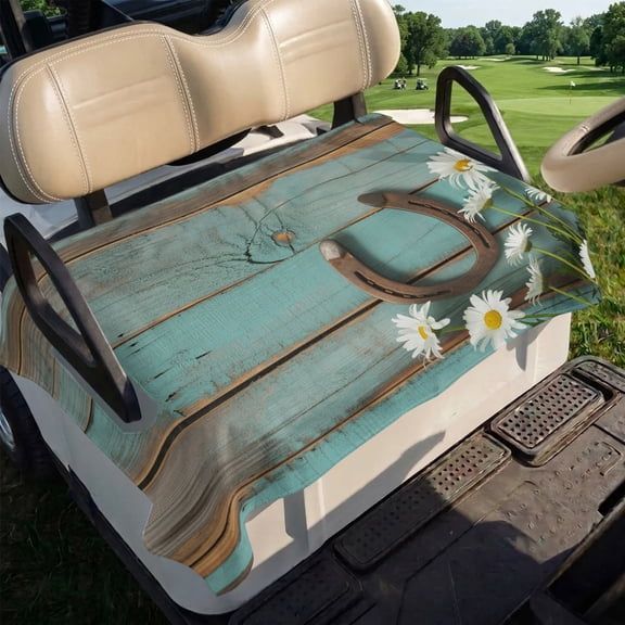 Farmhouse Daisy Golf Cart Seat Covers Horseshoe Flower Teal Wood Grain Soft Microfiber Golf Cart Seat Towel Blanket Golf Accessories for 2/4 Person Seats, Fits EZGO, Yamaha, Club Car 51”x31”