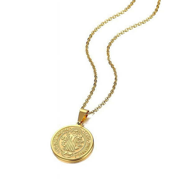 14K Yellow Gold Priest Saint Benedict Medal Necklace Exorcist Pendant Jewelry Gift For Men And Women