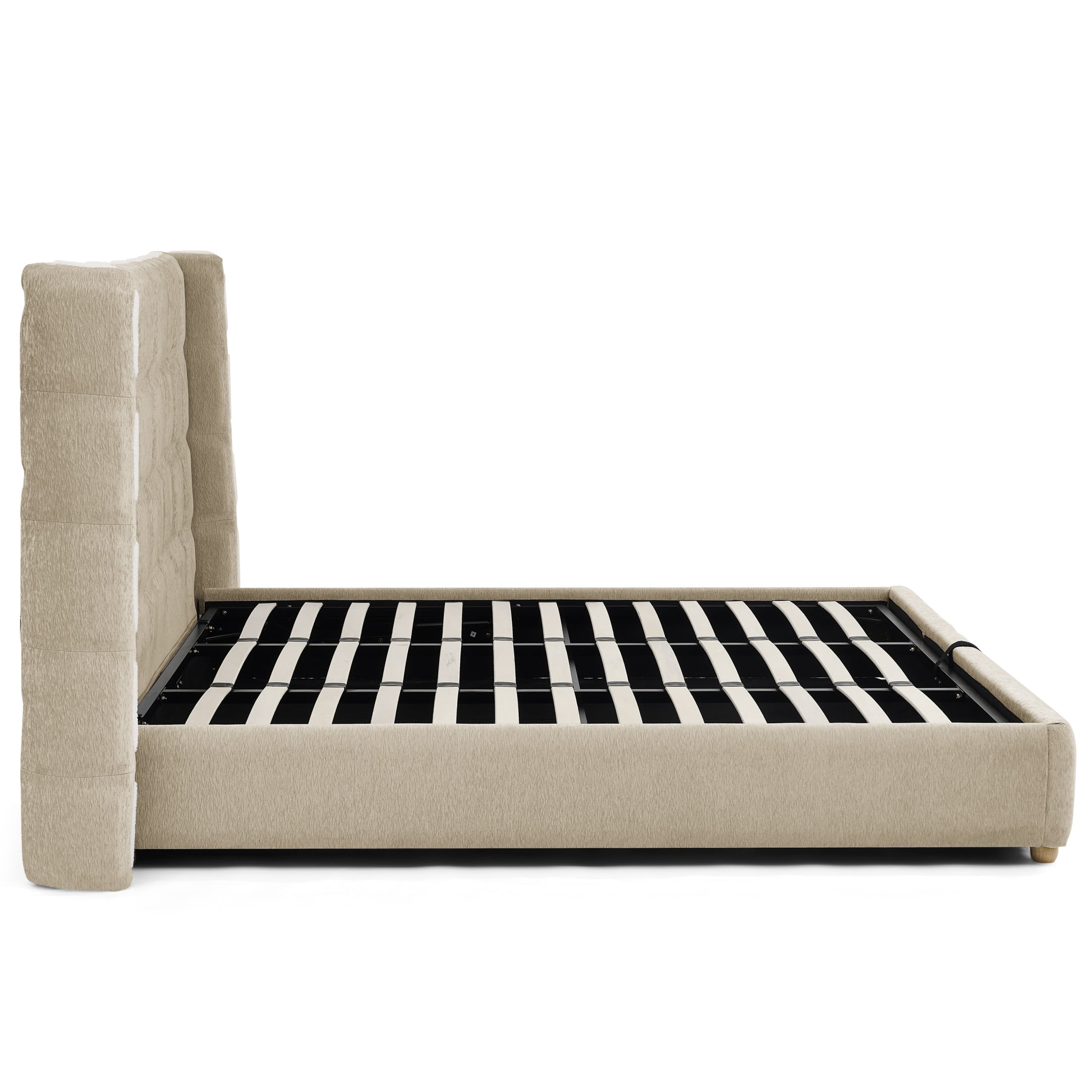 Noble House Elite King Size Upholstered Platform Bed with Removable Chenille Wingback and Under-Bed Storage, Khaki