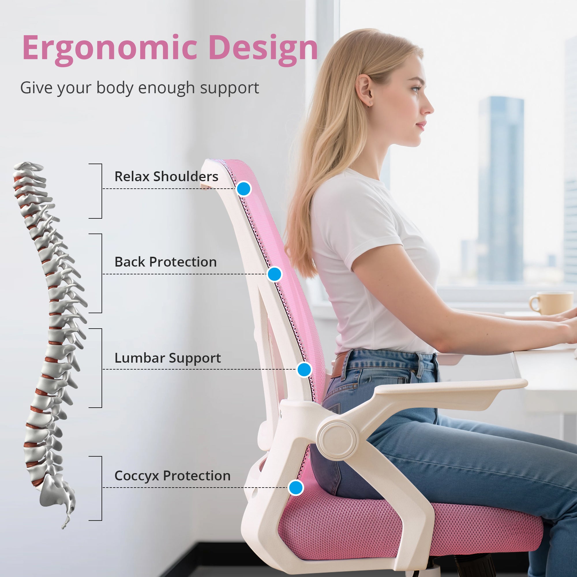 VECELO Mid-Back Swivel Adjustable Ergonomic Office Chair, Mesh Lumbar Support and Adjustable Arms Task Chair for Computer, Pink