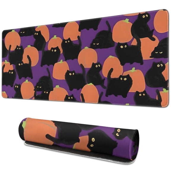 Long Mouse Pads for Desk,Purple Halloween Black Cats and Pumpkins Desk Mats on Top Of Desks, Desk Mouse Pad Extra Large with 3mm Non-Slip Base and Stitched Edge for Gaming,Office,Work,Home 31.5x11.8in