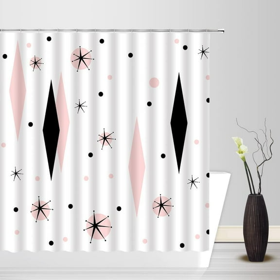 Mid Century Waterproof Shower Curtain Modern Abstract Atomic Diamond Polka Dots Retro 1950s Geometric Bathroom Decor Polyester Curtains with Hooks 54"W x 78"L (Pack of 1)