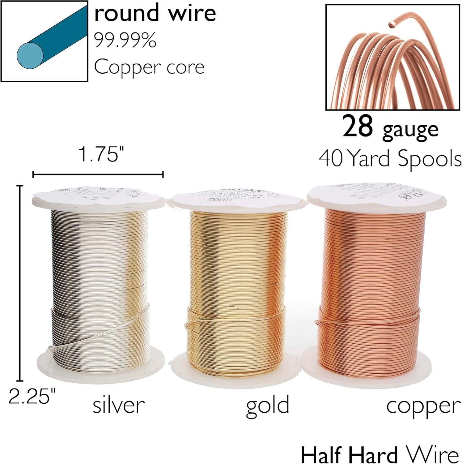 The Beadsmith Wire Elements 28-Gauge Lacquered Tarnish-Resistant Copper Wire for Jewelry Making, 4-40 Yard, 36.58 Meter Spools (Gold, Silver, & Copper Color)