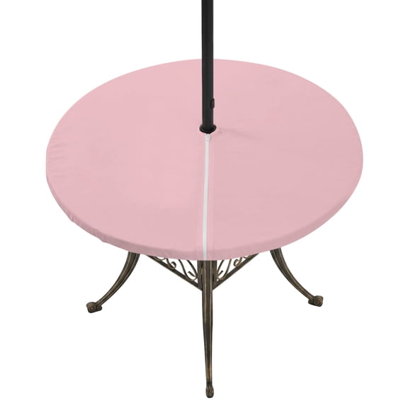 Light Pink Round Outdoor Tablecloth with Umbrella Hole Zipper, Farmhouse Solid Pink Color Modern Art Elastic Fitted Table Cover, Waterproof Table Cloth for Patio Picnic Party Fits 54"-60"
