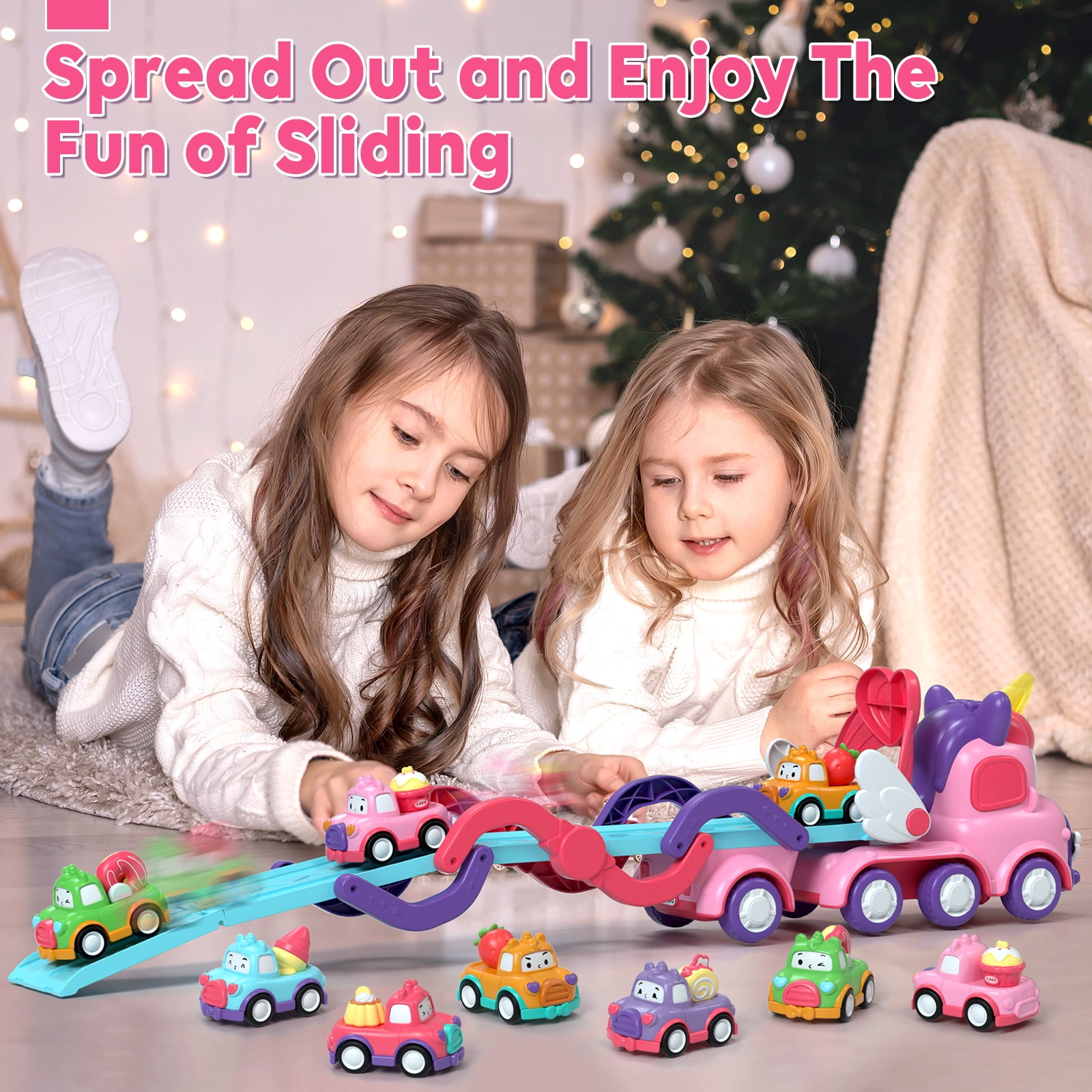 Toddler Girl Toys, 7-in-1 Toy Cars for Girls with Lights & Music, 2 Year Old Girl Toys, Unicorn Toys, Car Carrier Truck Toy, Toys for 1 2 3 Year Old Girls
