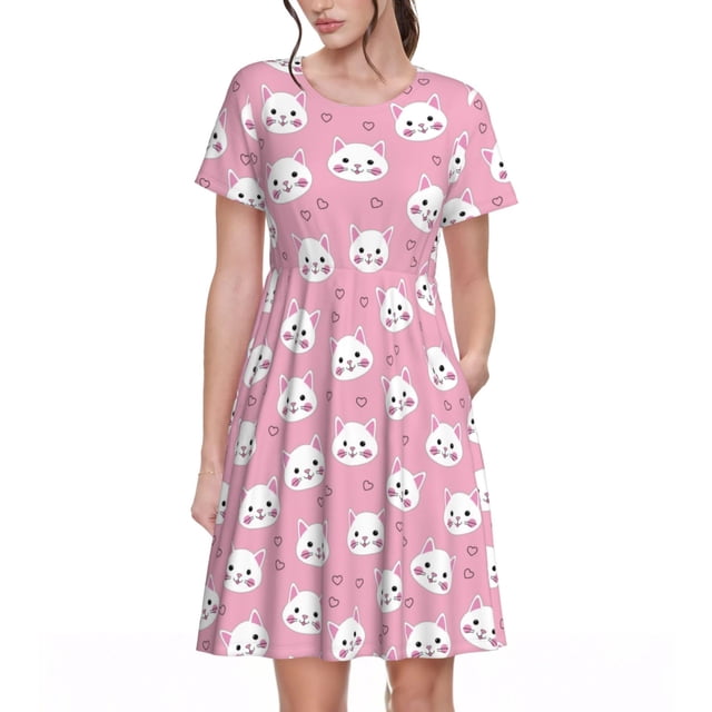 Disketp Cute Cat para Vestido de Manga Corta para Mujeres, Vestidos de Verano para Mujeres, Casual y Holgado para la Playa