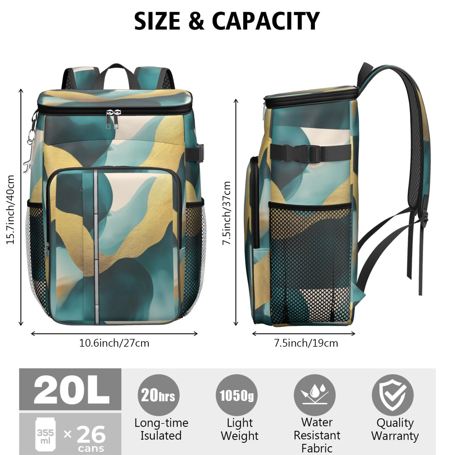 Travel Cooler Bag - Teal Gold Marble Camping Beer Cooler Backpack with Bottle Opener- Waterproof Insulated Picnic Backpacks - Cooler Bag for Beach