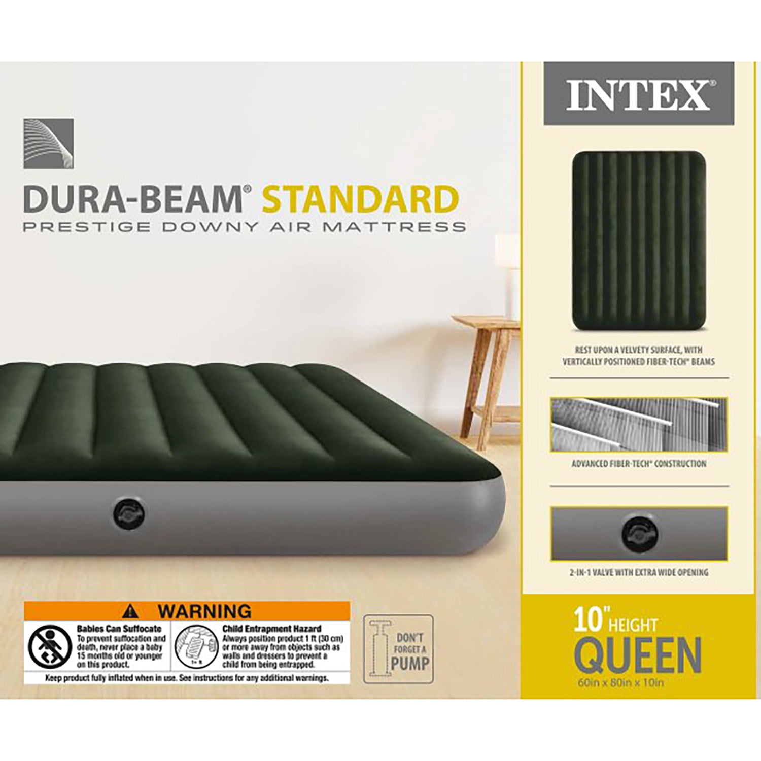 Intex: Dura-Beam: Prestige Downy Airbed - Queen - Green, 10" Inflatable Air Mattress, Fiber-Tech, Velvety Surface, Indoor-Outdoor, 600lb Cap, 64109E