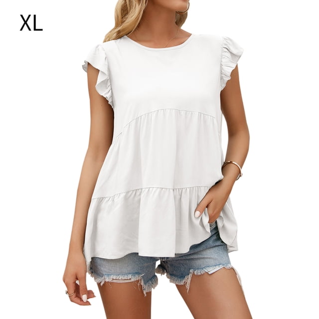 Camiseta de mujer Verano Encaje Cuello redondo Manga corta Casual Top suelto, Blanco, XL Eigraketly AP001322-04