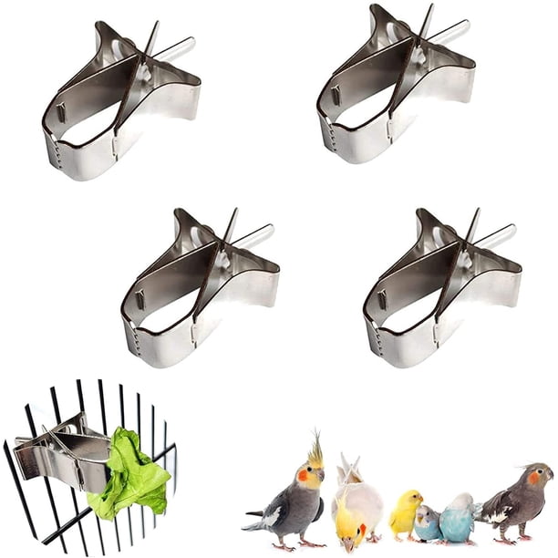 Comedero para pájaros de 4 piezas para loros, comedero para pájaros de acero inoxidable, soporte para frutas, soporte para verduras, clip para comida, soporte para comida para pájaros, accesorio para jaula de pájaros ER