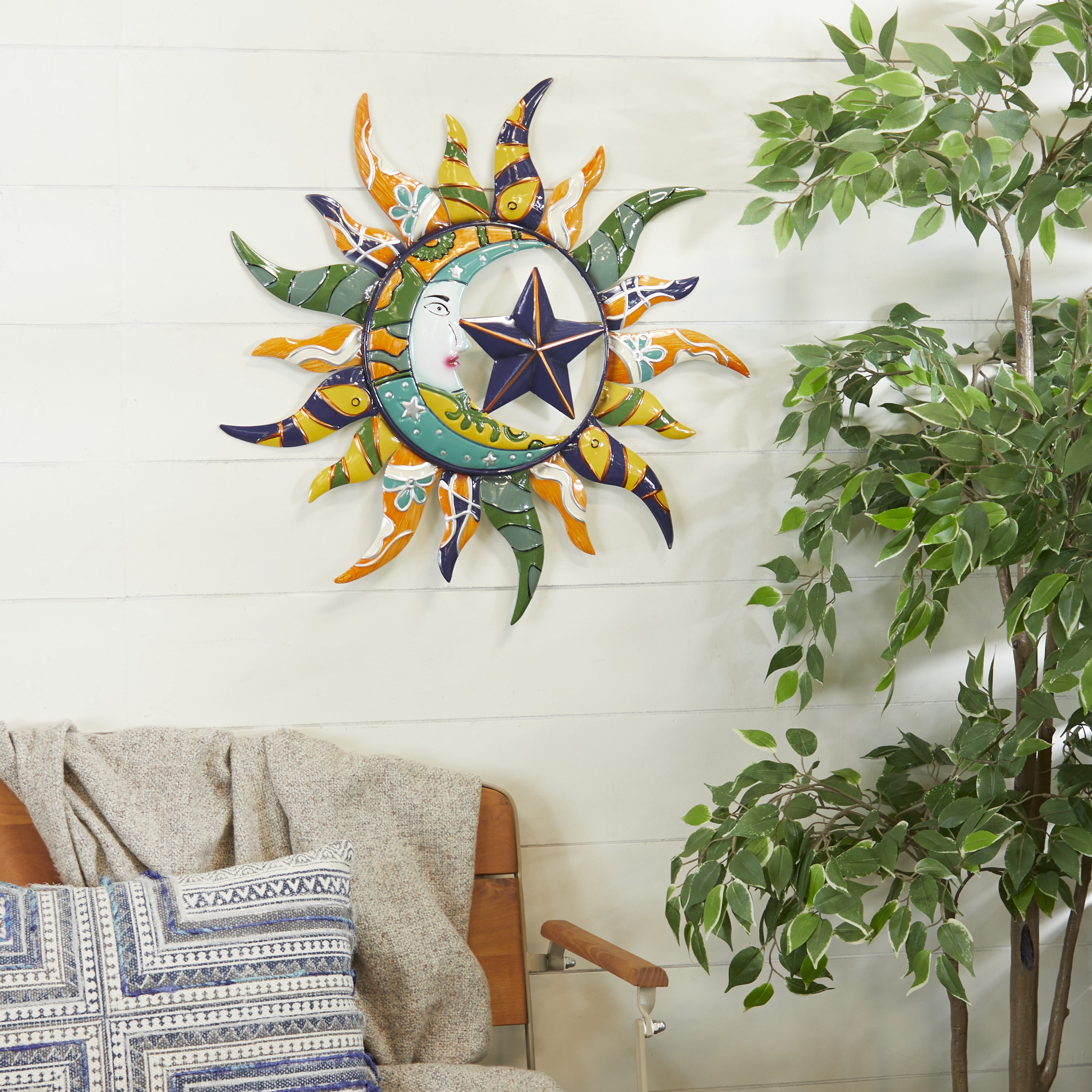 DecMode Multi Colored Metal Indoor Outdoor Sun and Moon Wall Decor with