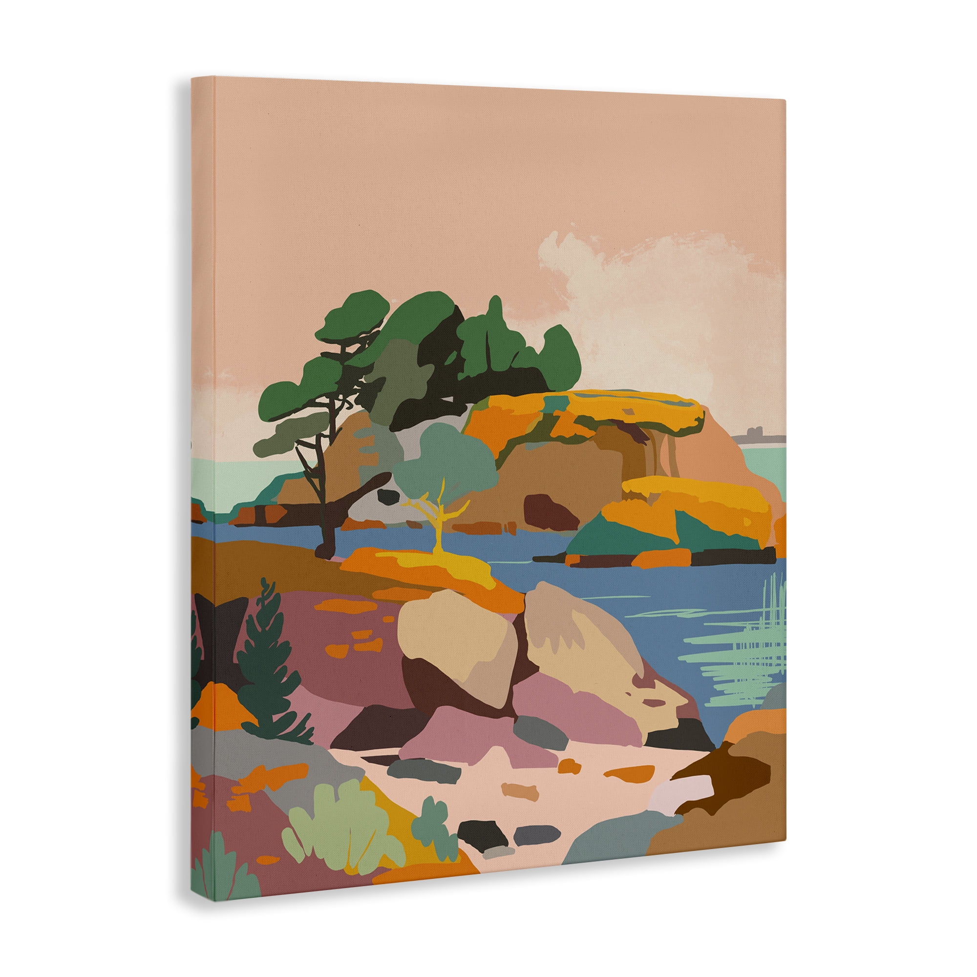 Stupell Industries Abstract Lake & Cliffs Landscape Painting Gallery Wrapped Canvas Art Print Wall Art, 30 x 40