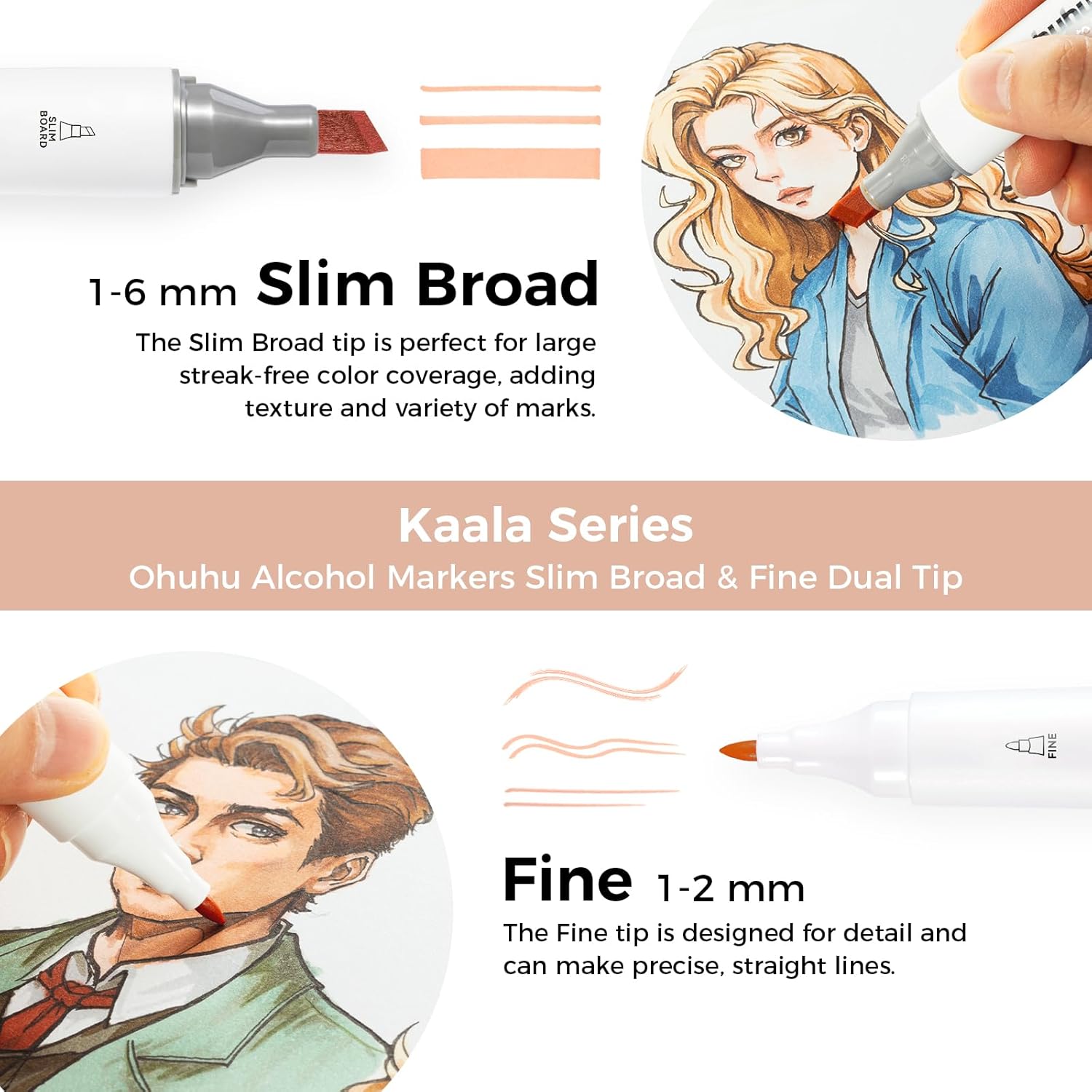 Alcohol Markers Skin Tone Marker Slim Broad and Fine Double Tipped Alcohol-based Marker Set for Artists Adults Coloring Professional Illustration, 24 Portrait Colors Kaala Markers Refillable