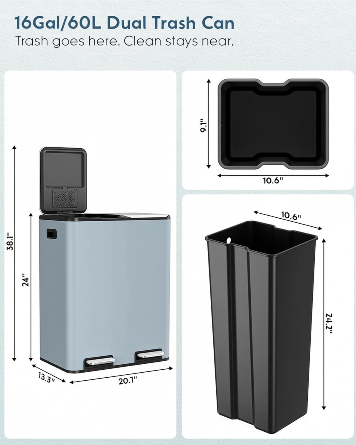 Arlopu 16 Gal Dual Trash Can Kitchen Garbage Bin Recycle Waste Dustbin w/ 2 Buckets & Soft-Close Lid