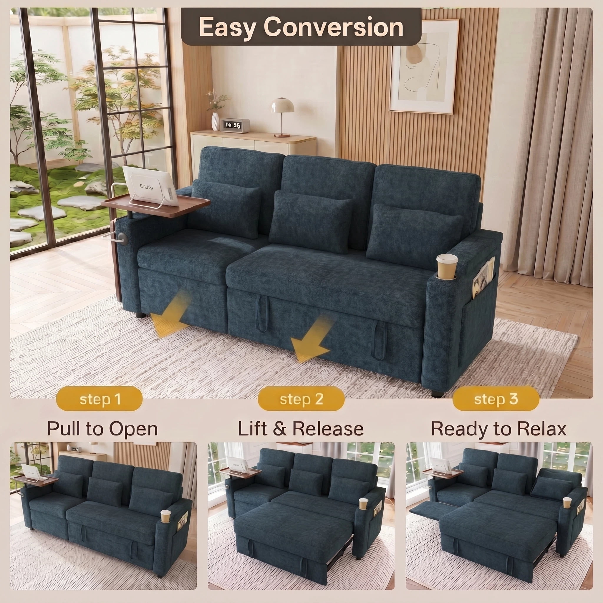 AISWORD 83" 3-in-1 Convertible Pull Out Sofa Bed, 6 Position Adjustable Sleeper Couch with USB Ports, Laptop Table, Cup Holders & Side Storage Pockets, Blue