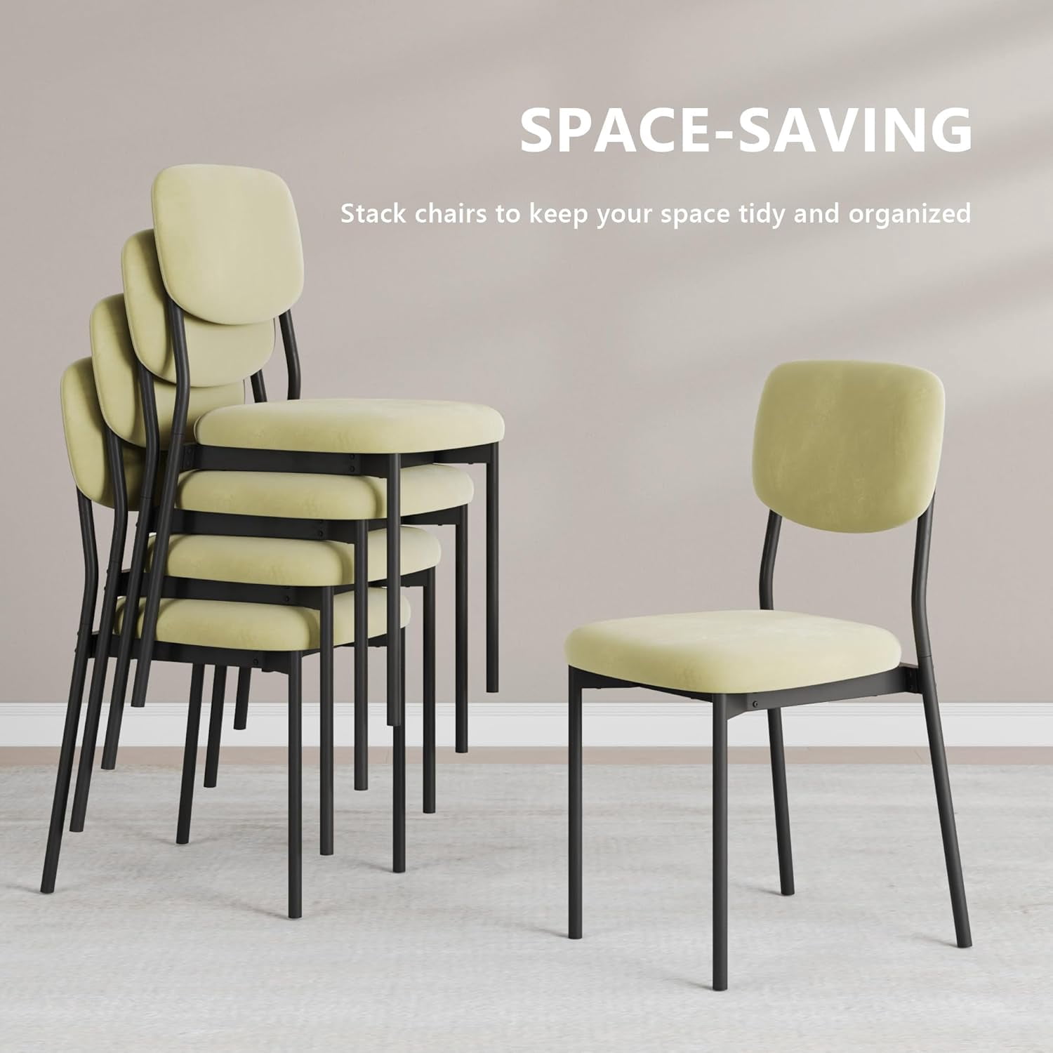 Upholstered Dining Chairs Set of 6, Stackable Modern Dining Room Chairs, Kitchen Chairs w/Soft Velvet Backrest & Sturdy Metal Legs ,Light Green
