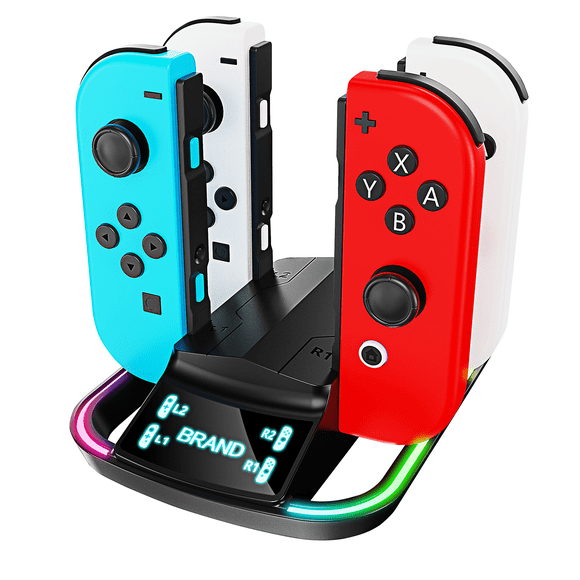 Base de Carga 4 en 1 para Nintendo Switch Joy-Con con Iluminación RGB Ajustable: Estación de Carga Rápida de 2 Horas para Controles de Interruptores
