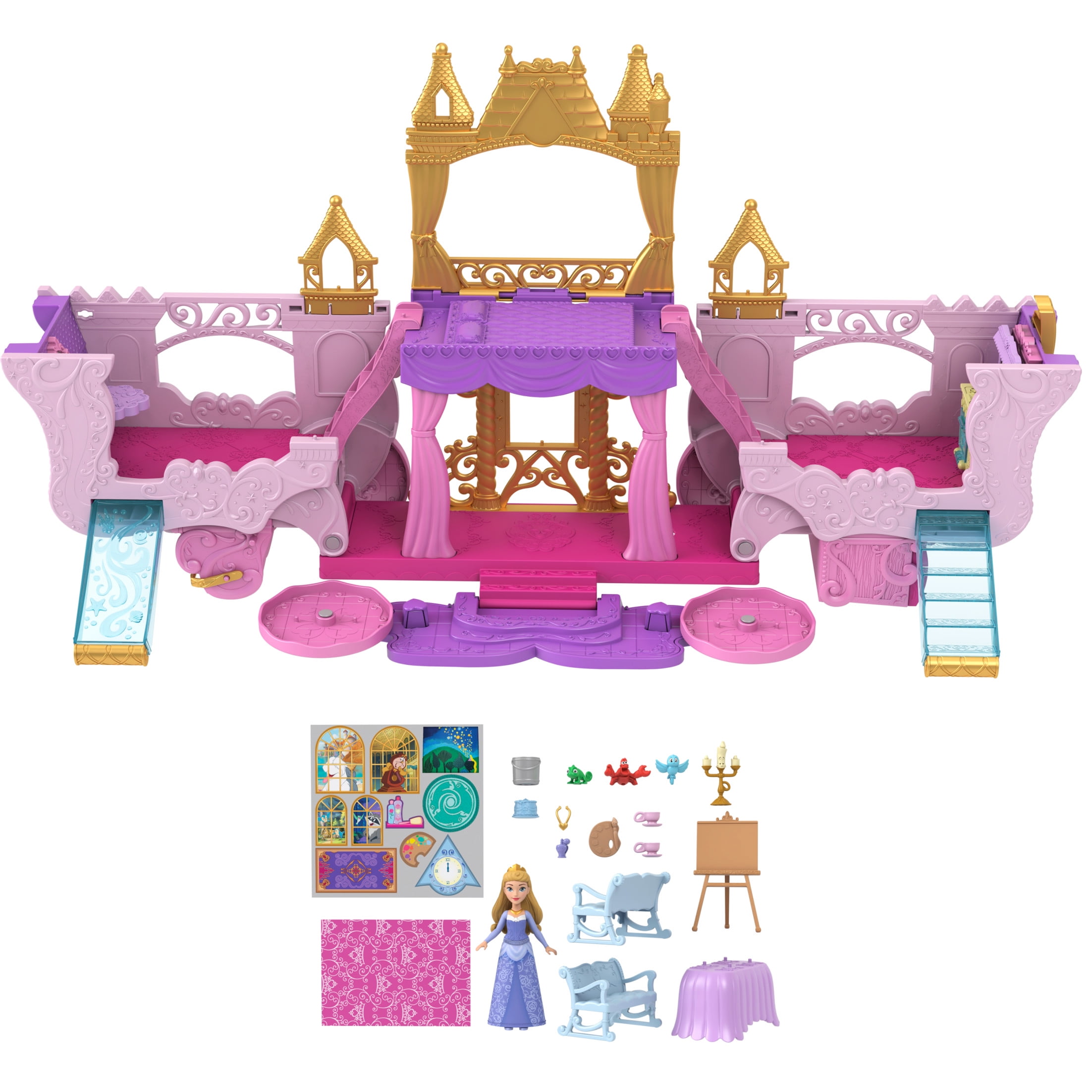 Disney Princess Carriage to Castle Transforming Playset with Aurora Small Doll, 4 Figures & 3 Levels