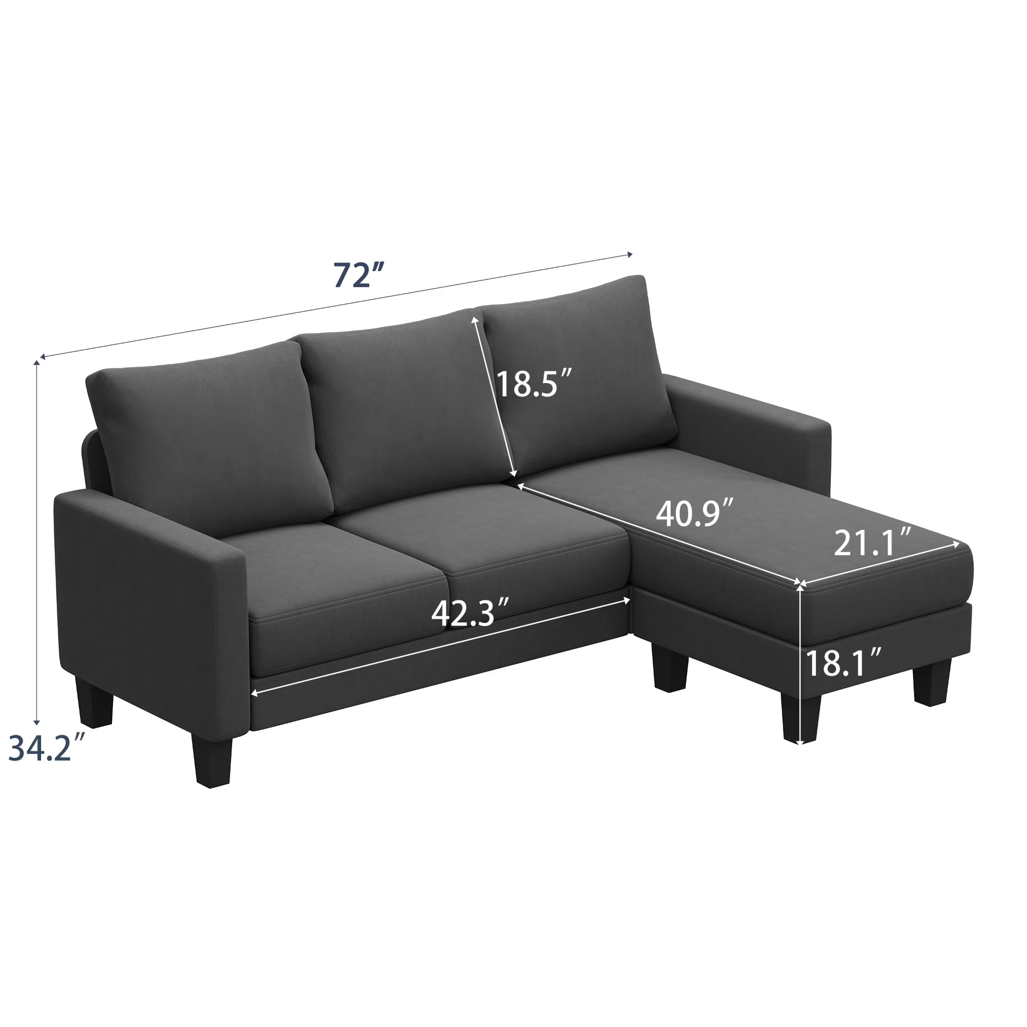 Vineego 72" L-Shaped Sectional Sofa with Ottoman Ergonomic Support Sofa Couch for Small Spaces Living Room, Apartment,Dark Gray