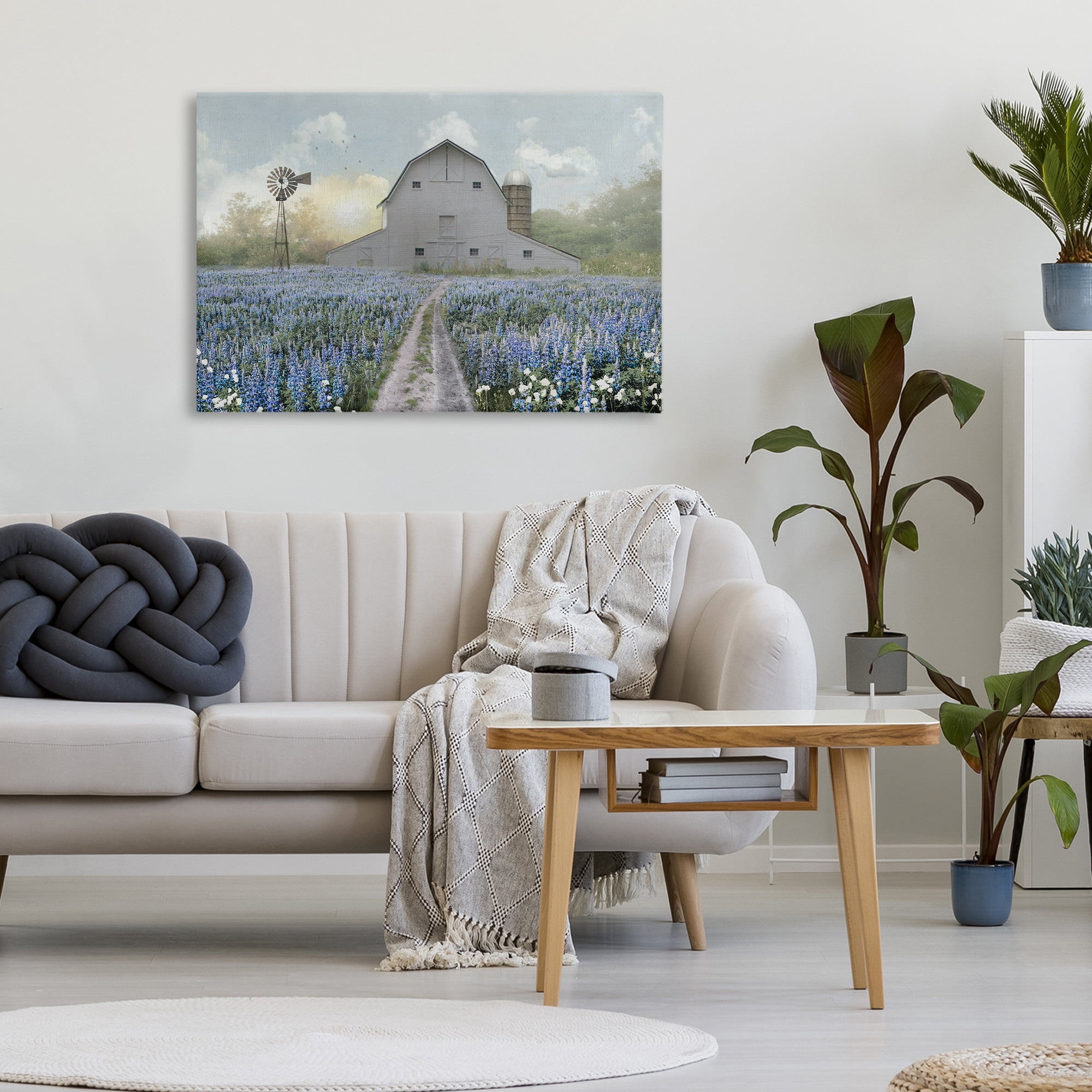 Stupell Industries Meadow of Blue Flowers & Barn Canvas Wall Art, design by Nan