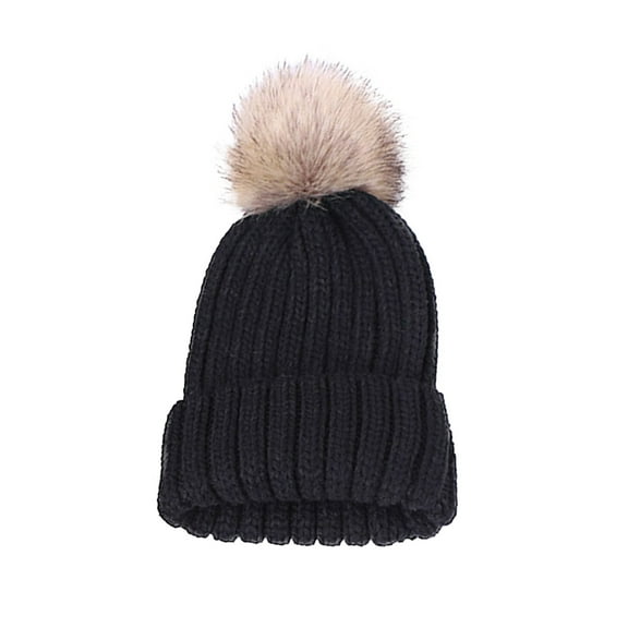 Warm Winter Fur Pom Pom Ball Knit Beanie with Slouchy Cap for Mother Kids Baby