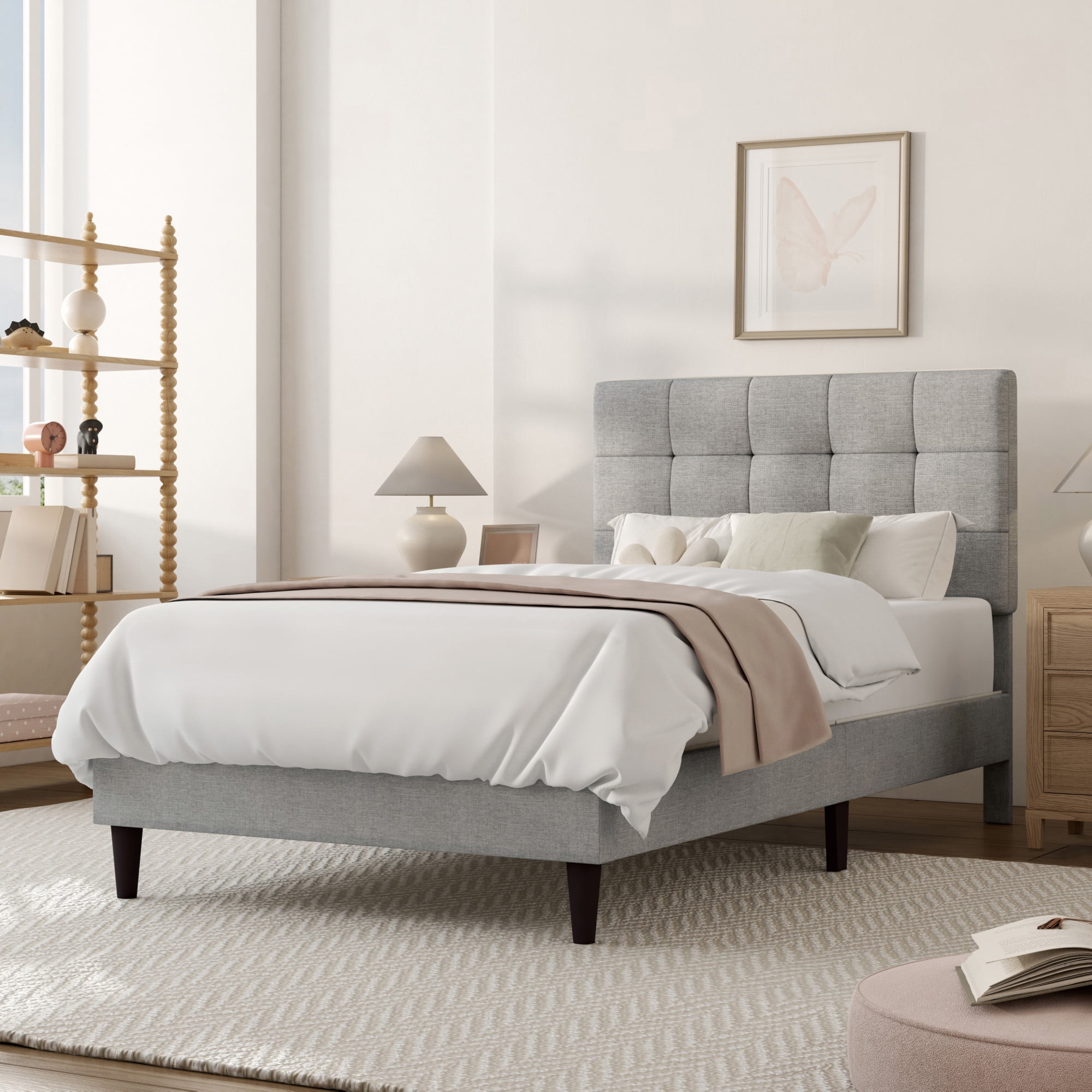 Mainstays Hillside Square Tufted Upholstered Twin Platform Bed, Light Gray Fabric