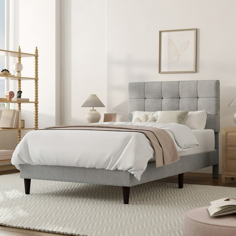 Mainstays Hillside Modern Upholstery Single Size Bedroom Furniture Square Tufted Twin Bed Light Gray Fabric