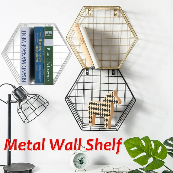 Hexagonal Metal Grid Wall Shelf, Wall Mount Display Racks Hanging Bookcase Industrial Vintage Floating Storage Unit Picture Frame Ornament Decorative Items Holder Stand