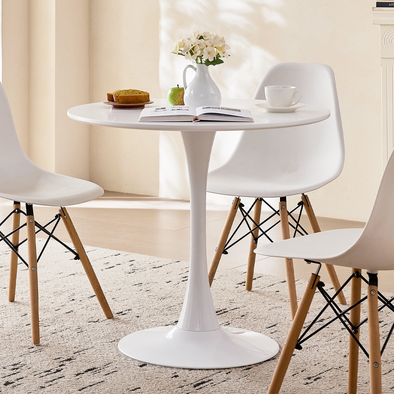 23.6" Small Round Dining Table [Metal Tulip Pedestal Base] White Modern Kitchen Table for Dining Living Room Apartment Small Space