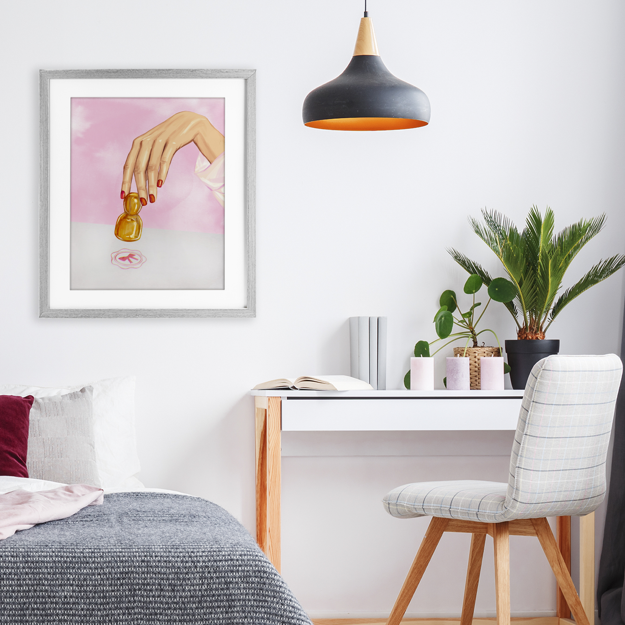 Pink Bow Fashion Stamper Gray Framed Print Under Glass, design by Ziwei Li