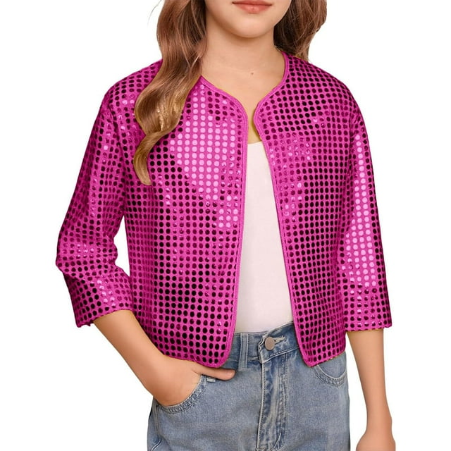 Abrigo informal de manga larga sin capucha para niña, chaqueta con lentejuelas y lunares de color liso, cárdigan de manga larga para fiestas, actuaciones escolares y niños