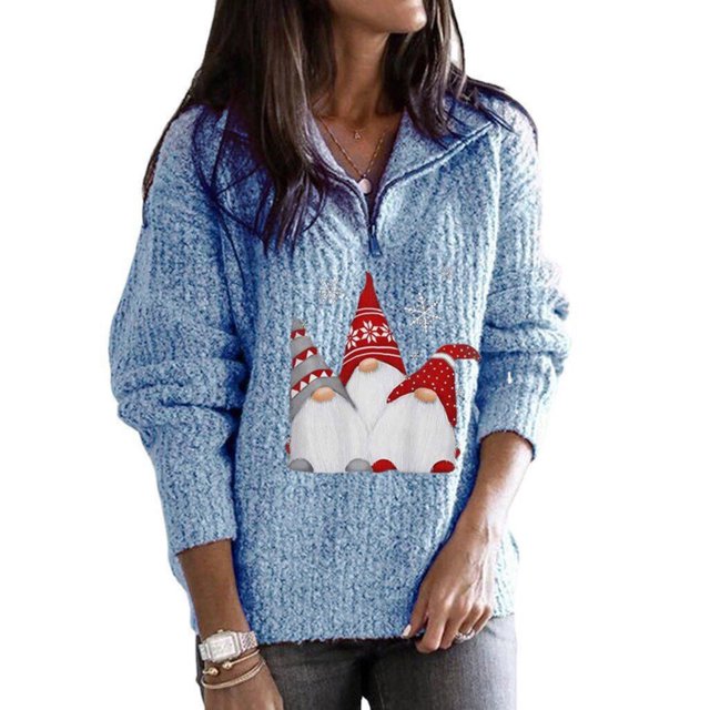 Pull pour Femmes, Pull d'Hiver à Col en V, Imprimé Père Noël, Fermeture Éclair, Manches Longues, Tricoté