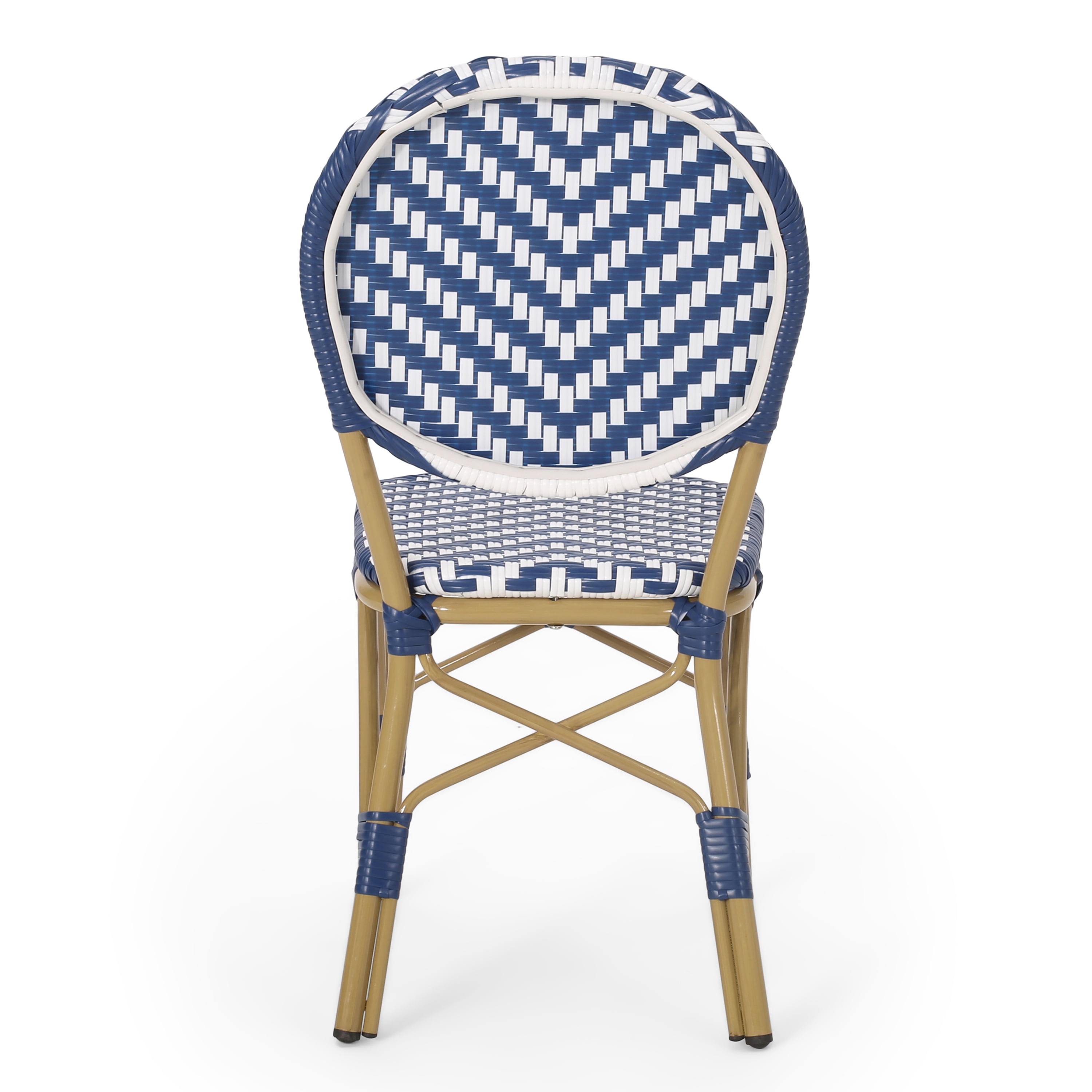 Outdoor Aluminum 3 Piece French Bistro Set, Navy Blue, White, with Bamboo Finish