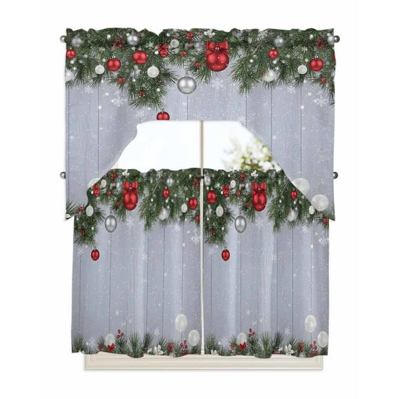 Christmas Kitchen Curtains Swag Valance and Tier Curtains Set 36 Inch Length, Winter Xmas Balls Pine Branches Wooden Grain Rod Pocket Drape Panels Pair Swag Curtains for Bathroom/Cafe/Window
