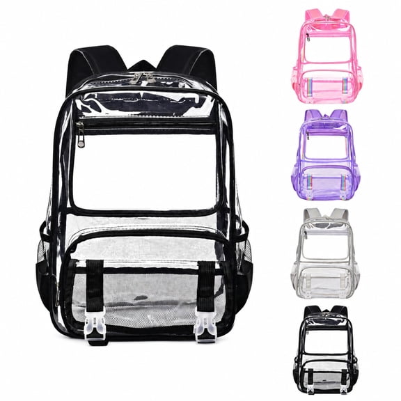 2026 Black Clear Backpack Transparent Bookbag Front Pocket with Buckle Straps Side Mesh Water Bottle Pockets Adjustable Padded Shoulder Straps See Through Backpack for School Concert Sports Travel