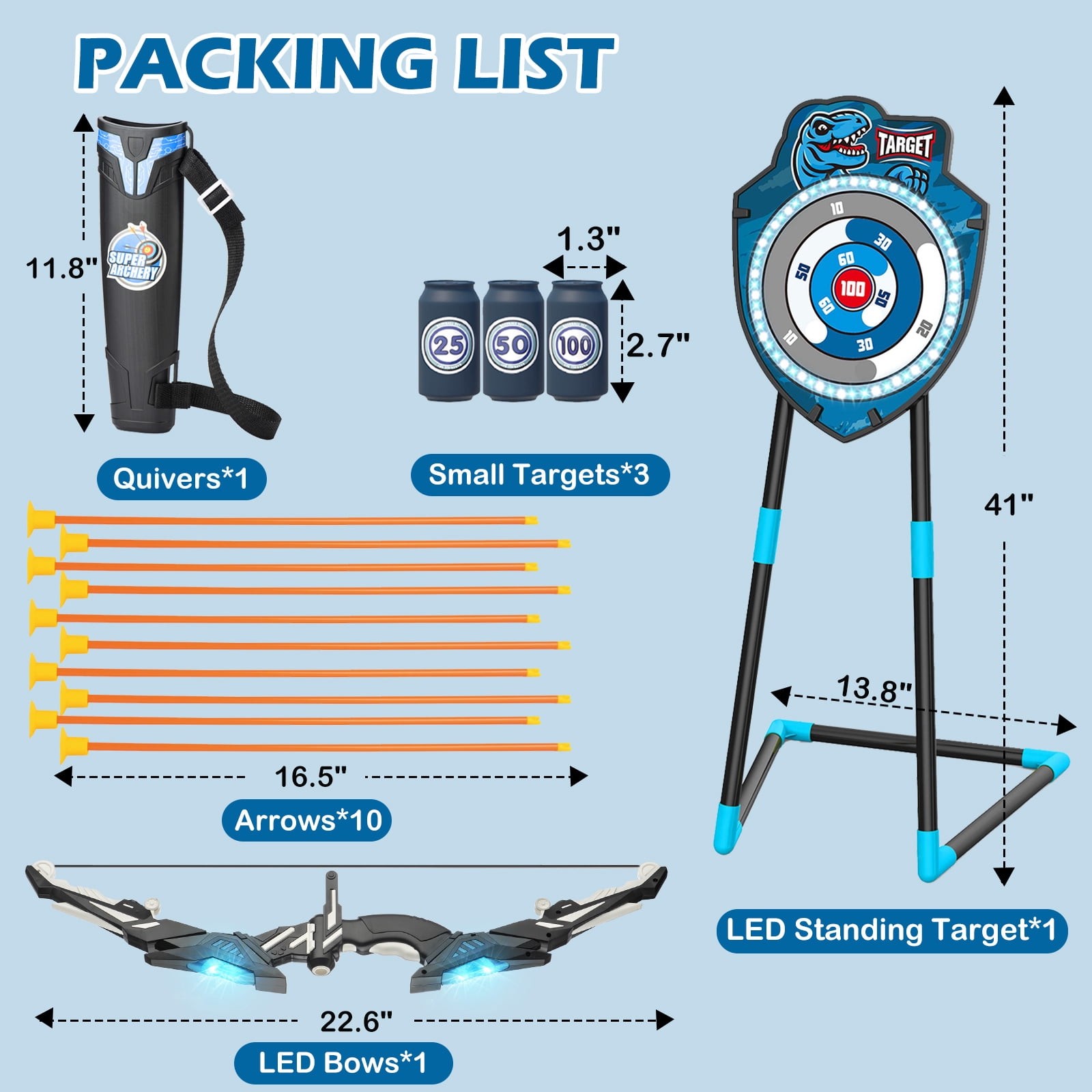 Kids LED Standing Archery Set with Bow & Arrows – Outdoor Sports Toy for Boys & Girls Ages 4-12, Safe & Fun Target Practice Game, Blue