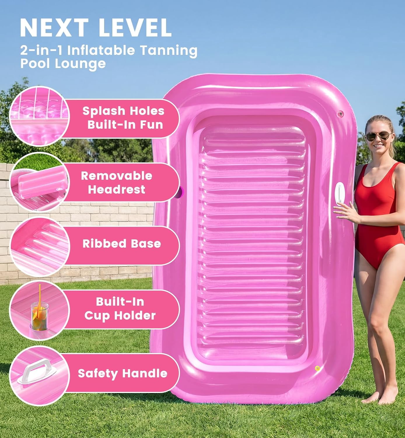 Inflatable Tanning Pool Lounger Float with Sprinkler, 77" x 48" Pool Floats Adult with Pillow, 6 in 1 Suntan Tub Raft Floatie with Drink Holder Sunbathing Water Lounge L