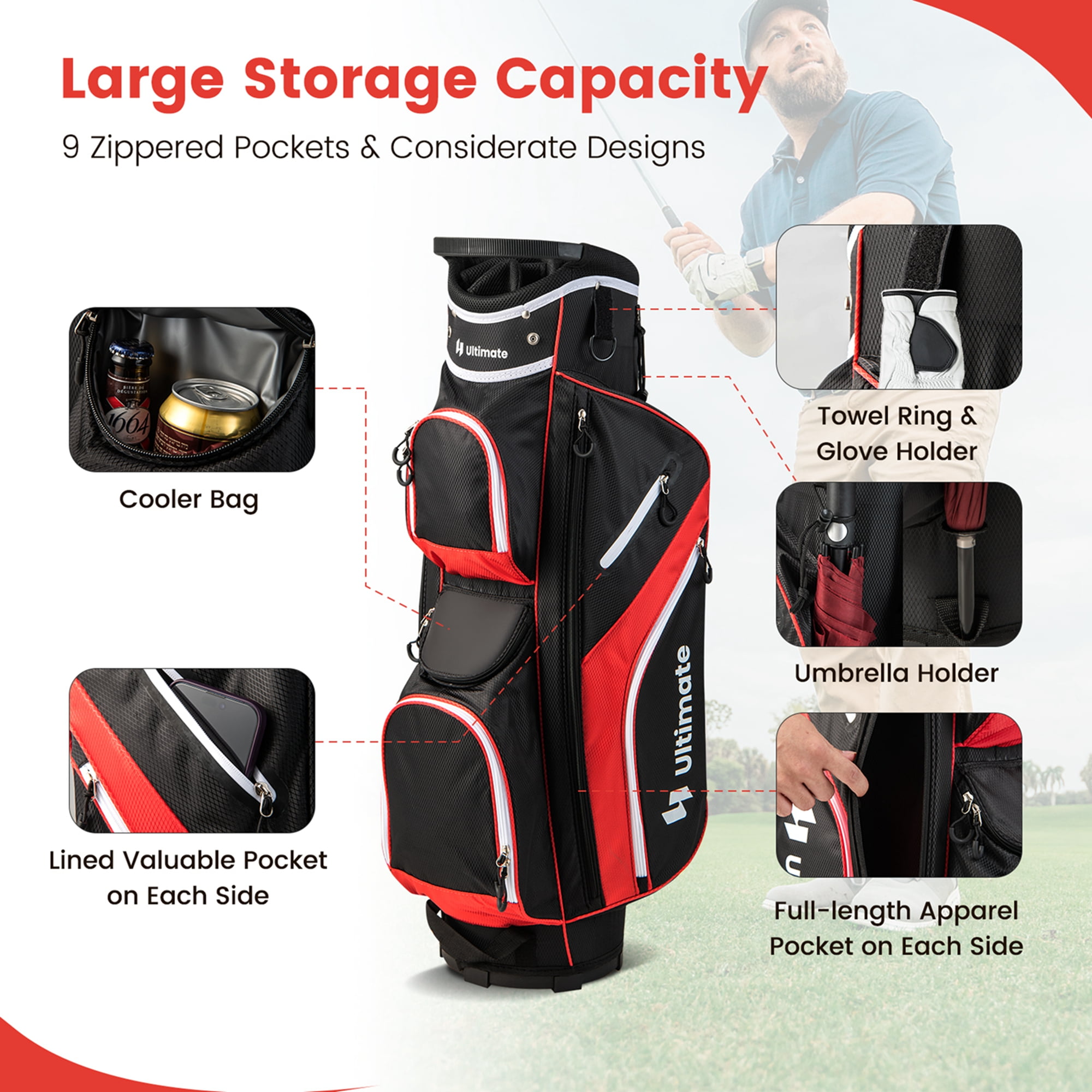 Costway Lightweight Golf Cart Bag with 14 Way Top Dividers 9 Pockets Rain Hood Cooler Bag Red