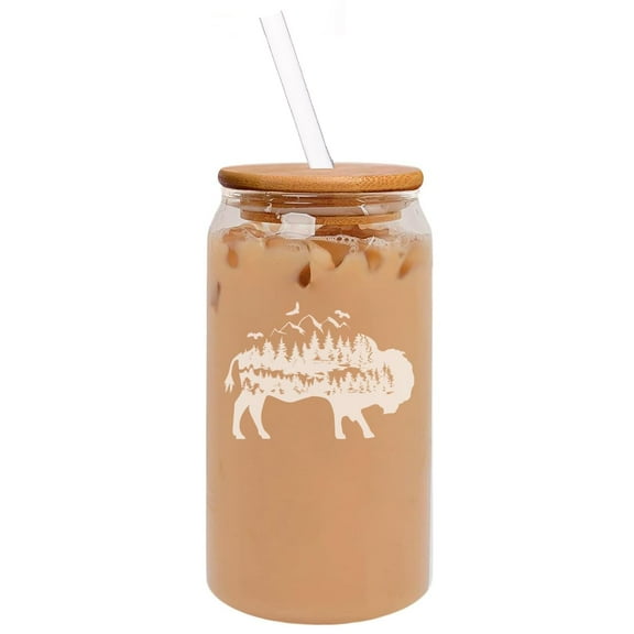 16oz Can Shaped Glass Iced Coffee Cup with Bamboo Lid and Straw Gift Buffalo Forest Mountains Eagle