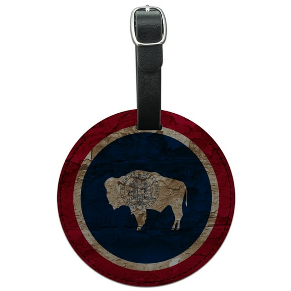 Rustic Distressed Wyoming State Flag Round Leather Luggage Card Suitcase Carry-On ID Tag